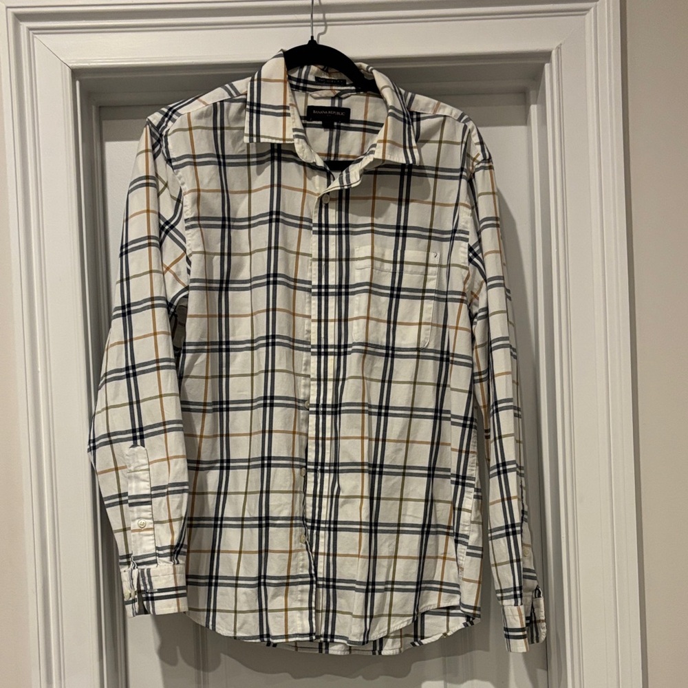 Banana Republic Men's Plaid Shirt - White, Black, Tan